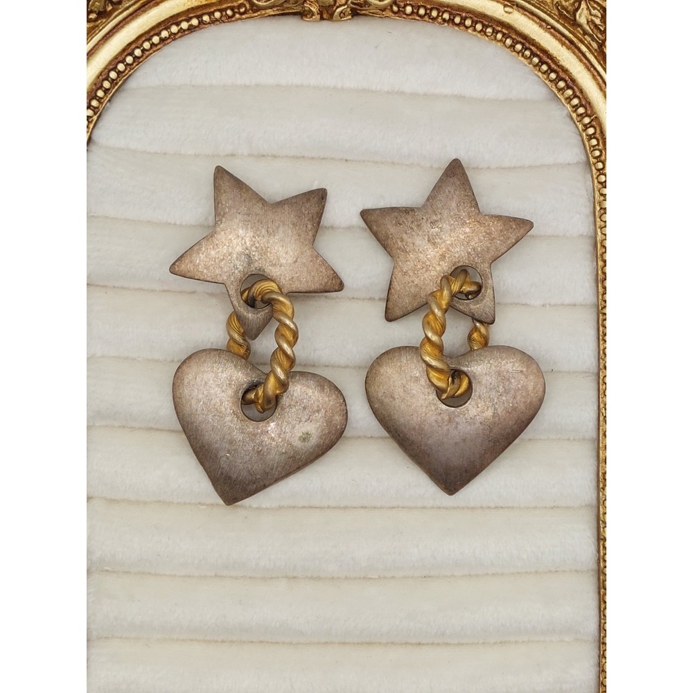 1980s Earrings Chunky Star Heart Dangle  Gold Silver Tone Vintage Southwestern